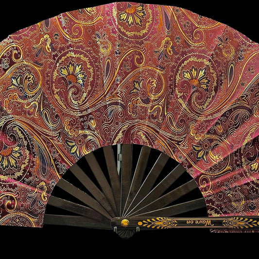 Großer handgefertigter Bambus Rave Fächer mit Holster - Red Paisley brocade - Fanmans Fanshop