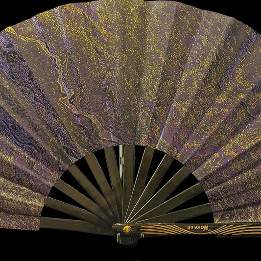 Handmade large 35cm bamboo rave fan with holster - Purple gold
