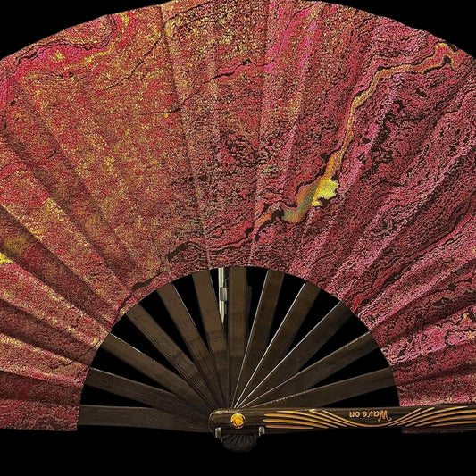 Großer handgefertigter Bambus Rave Fächer mit Holster - Magenta gold - Fanmans Fanshop