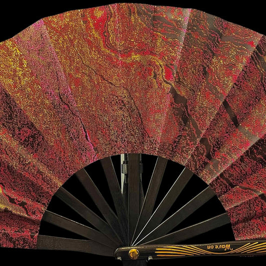 Kleiner 28cm handgefertigter Bambus Rave Fächer mit Holster - Magenta gold - Fanmans Fanshop