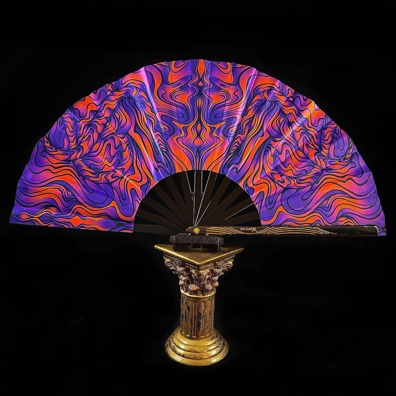Large 35cm bamboo rave fan with holster - Muted psychedelic