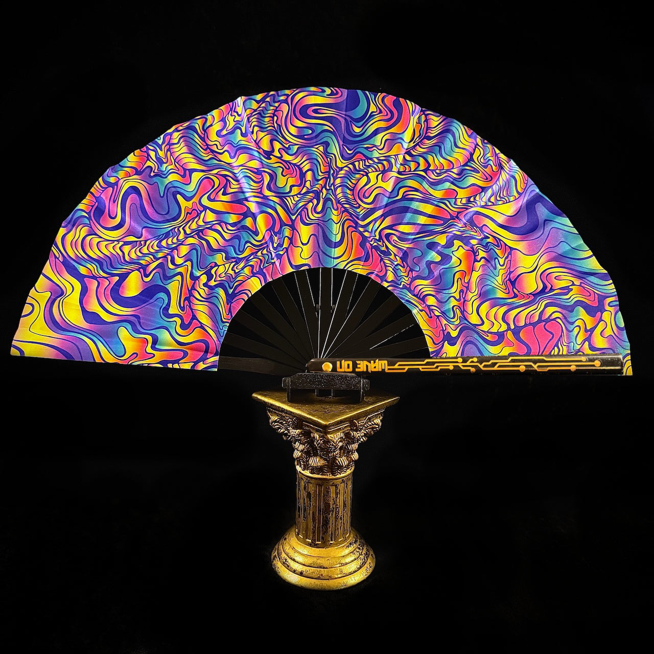 Large 35cm bamboo rave fan with holster - Bright psychedelic