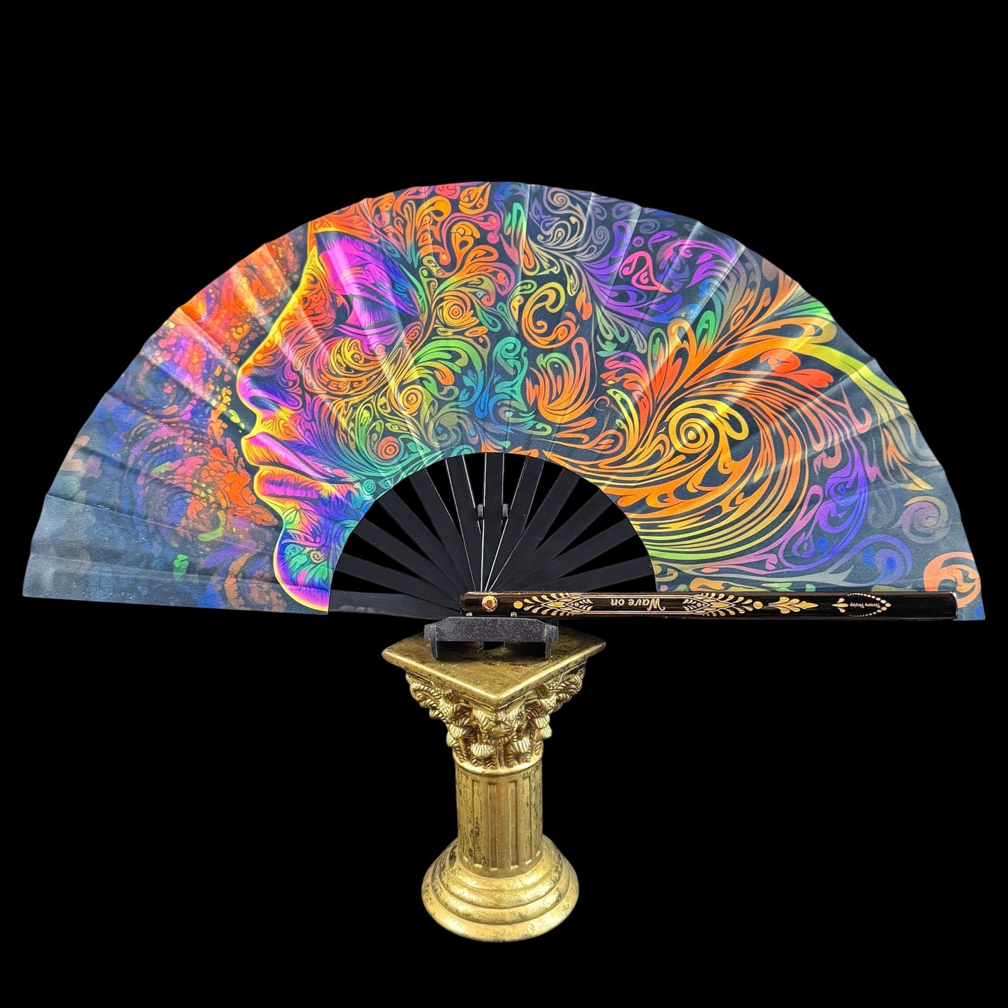 Large bamboo rave fan (UV reactive) with holster - Colorful mind