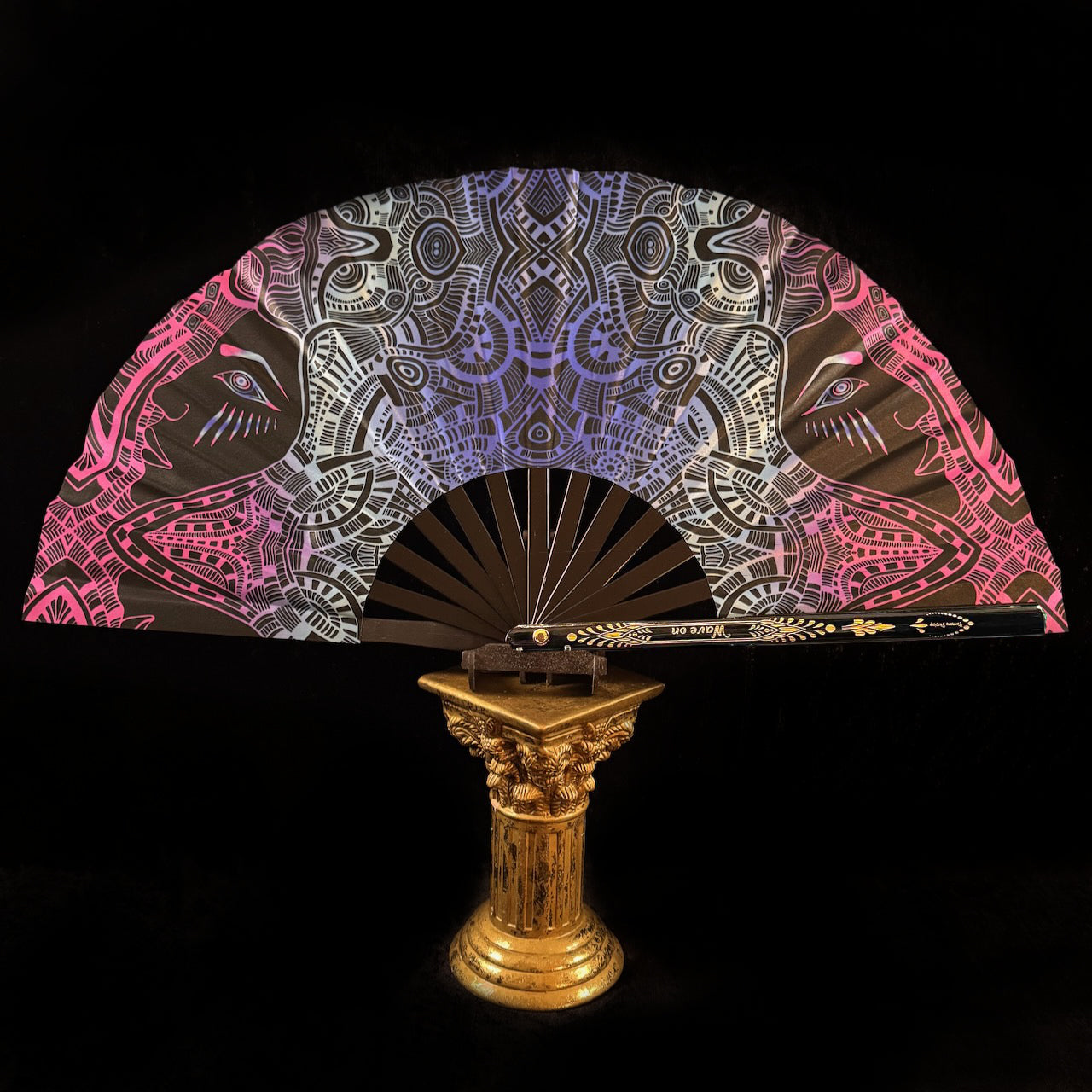Large 35cm bamboo rave fan with holster - Mystic Creatures