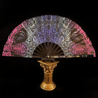 Large 35cm bamboo rave fan with holster - Mystic Creatures