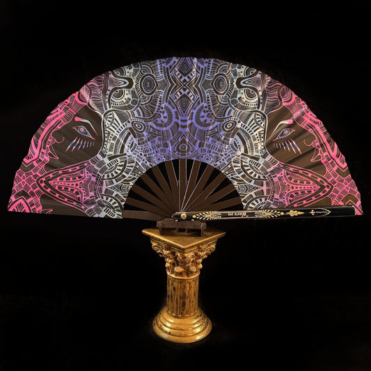 Large 35cm bamboo rave fan with holster - Mystic Creatures