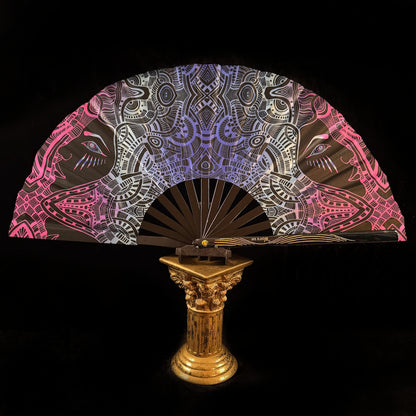 Large 35cm bamboo rave fan with holster - Mystic Creatures