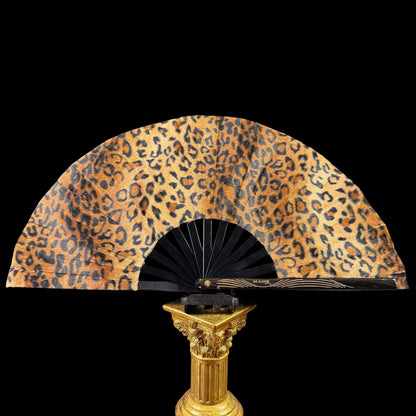 Handmade large bamboo rave fan with holster - Leopard Fluff