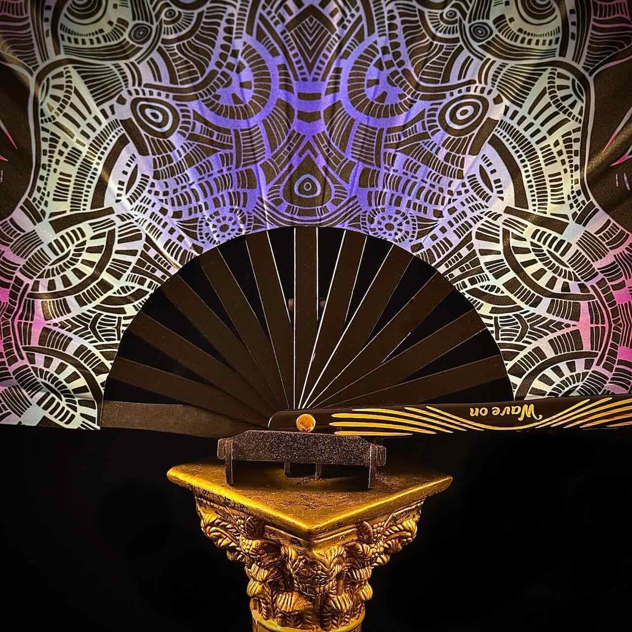 Handmade large bamboo rave fan with holster - Brocade Queen