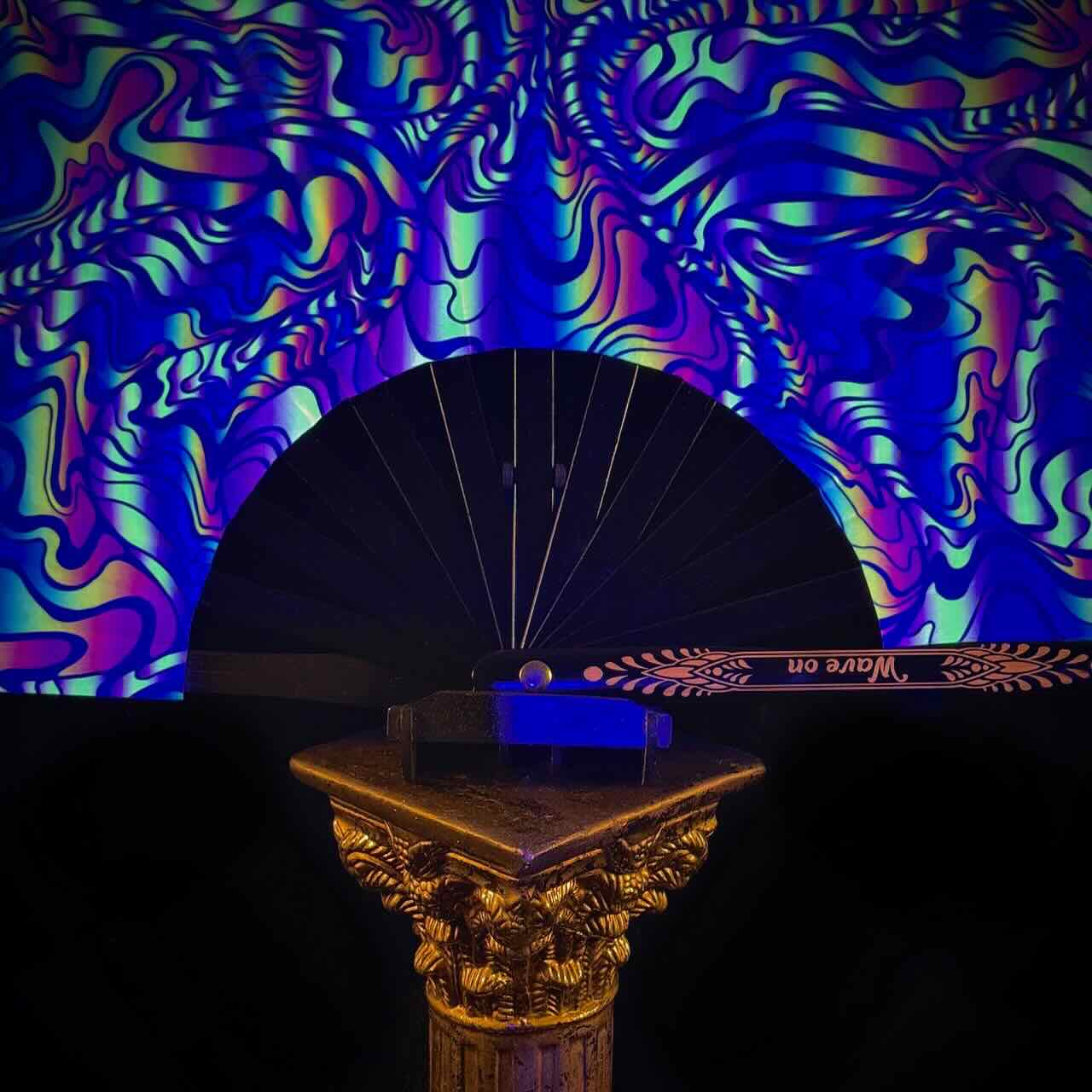 Handmade large bamboo rave fan with holster - Brocade Queen