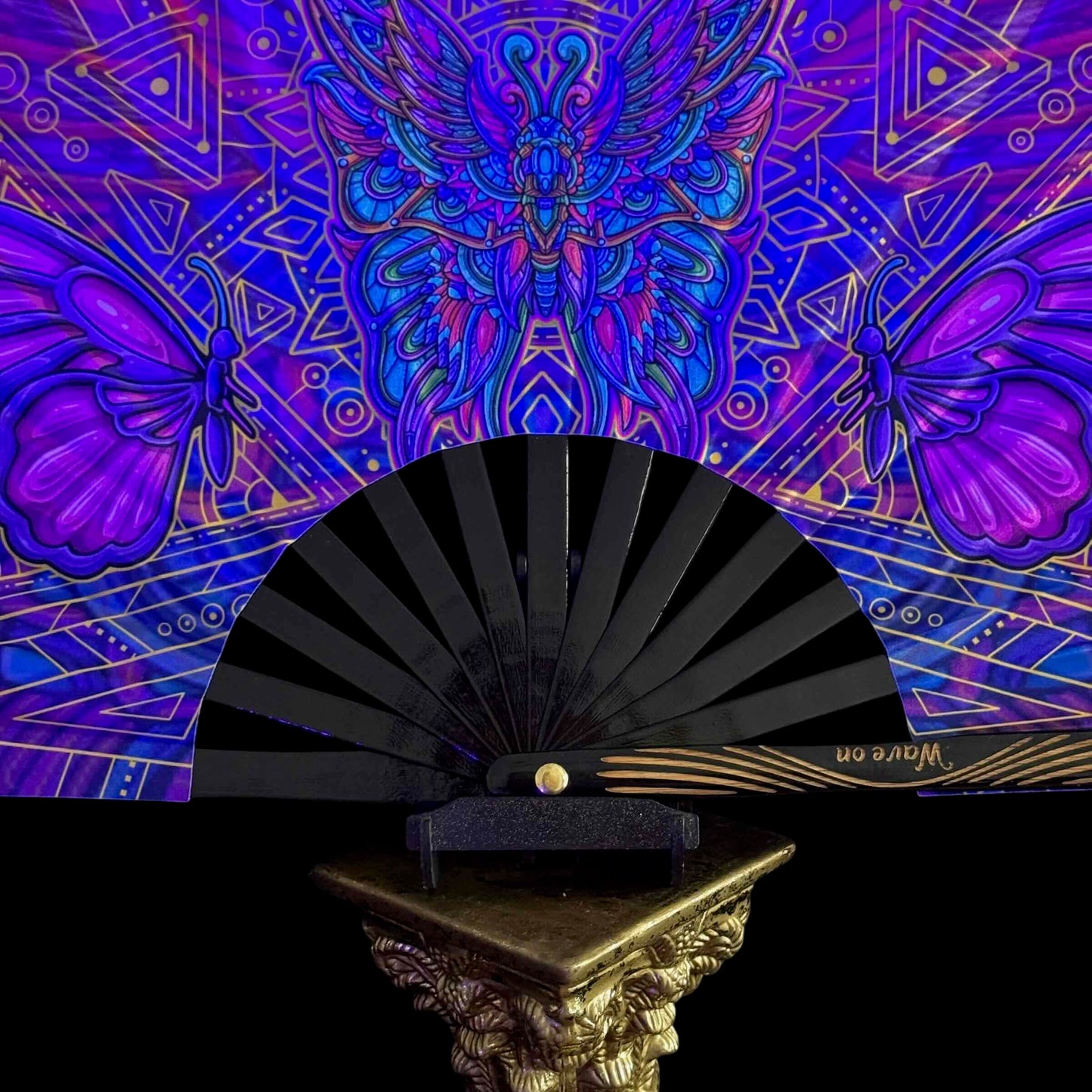 Handmade large bamboo rave fan with holster - Brocade Queen