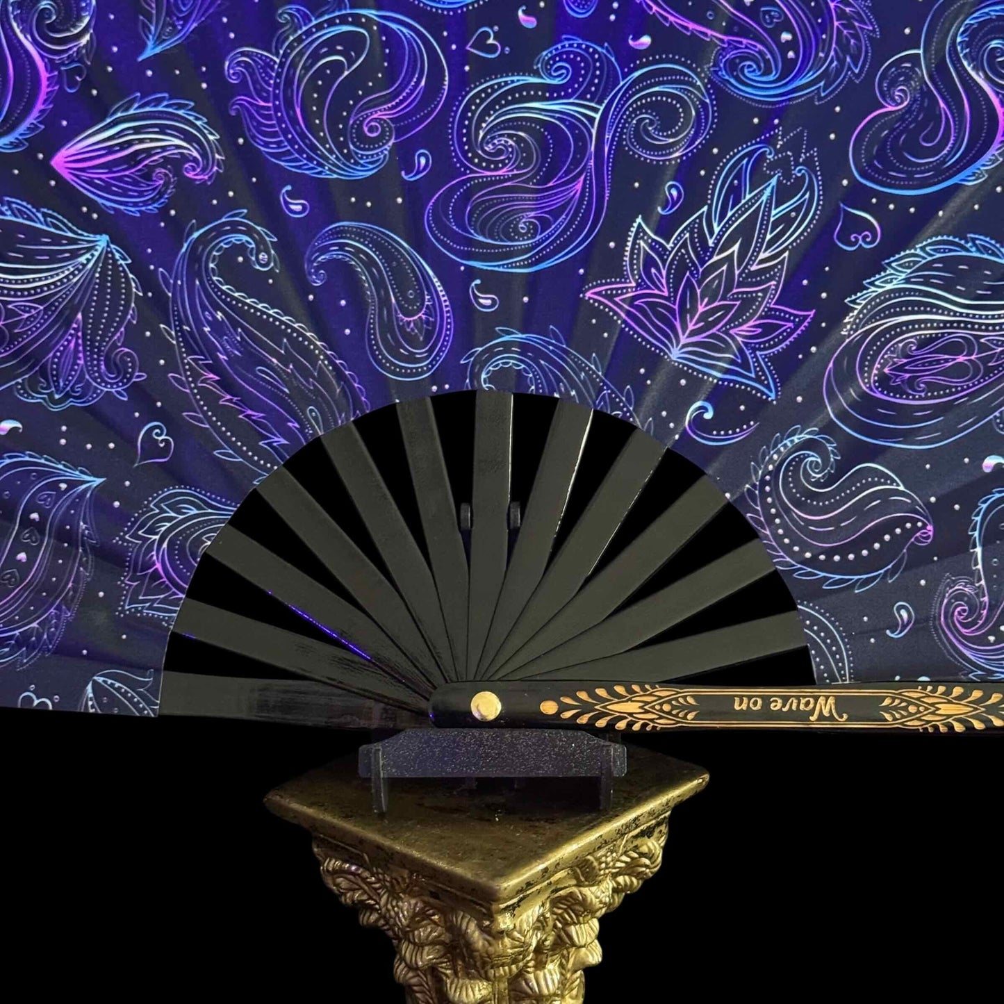 Handmade large bamboo rave fan with holster - Brocade Queen