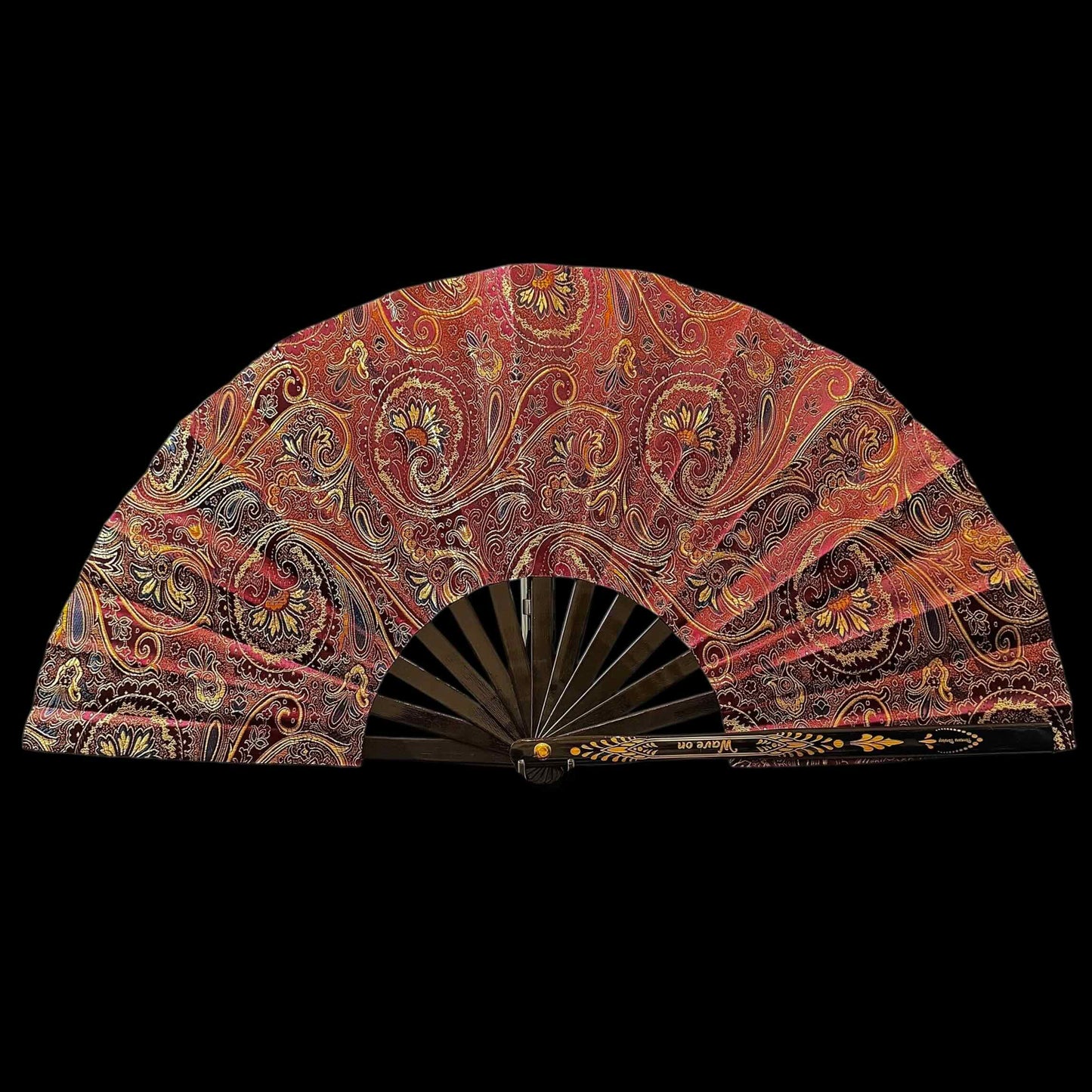 Großer handgefertigter Bambus Rave Fächer mit Holster - Red Paisley brocade - Fanmans Fanshop