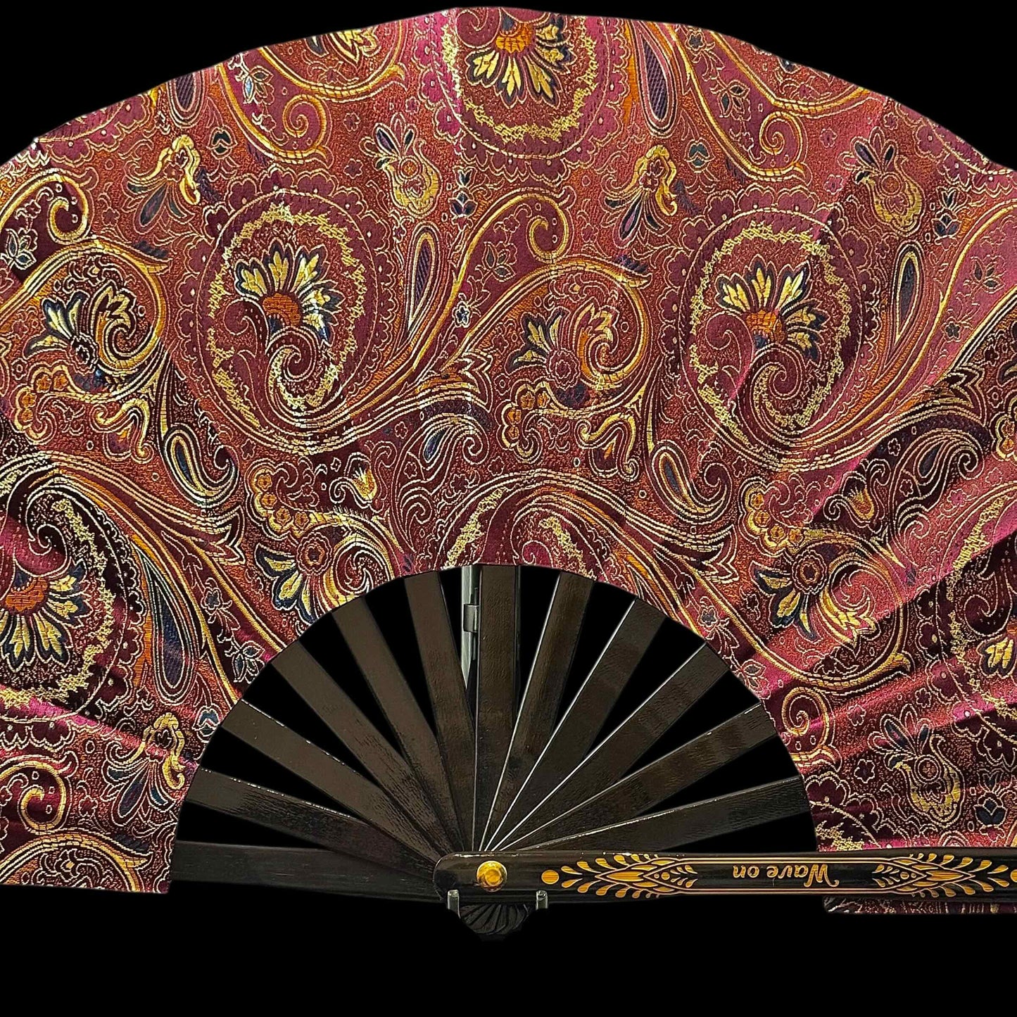 Großer handgefertigter Bambus Rave Fächer mit Holster - Red Paisley brocade - Fanmans Fanshop