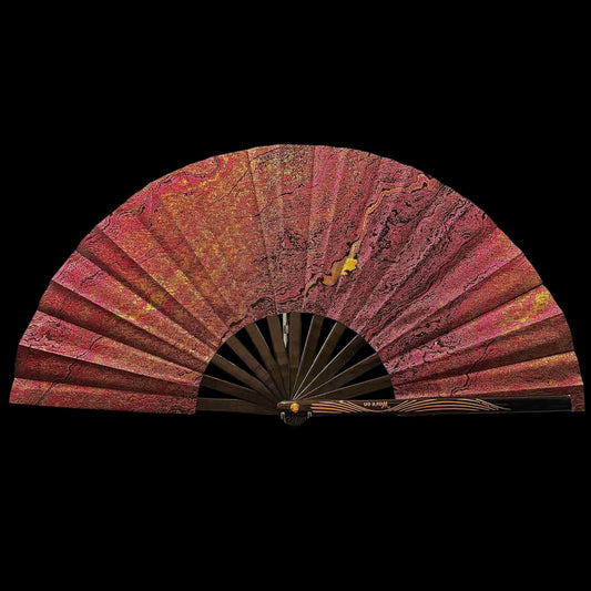 Großer handgefertigter Bambus Rave Fächer mit Holster - Magenta gold - Fanmans Fanshop