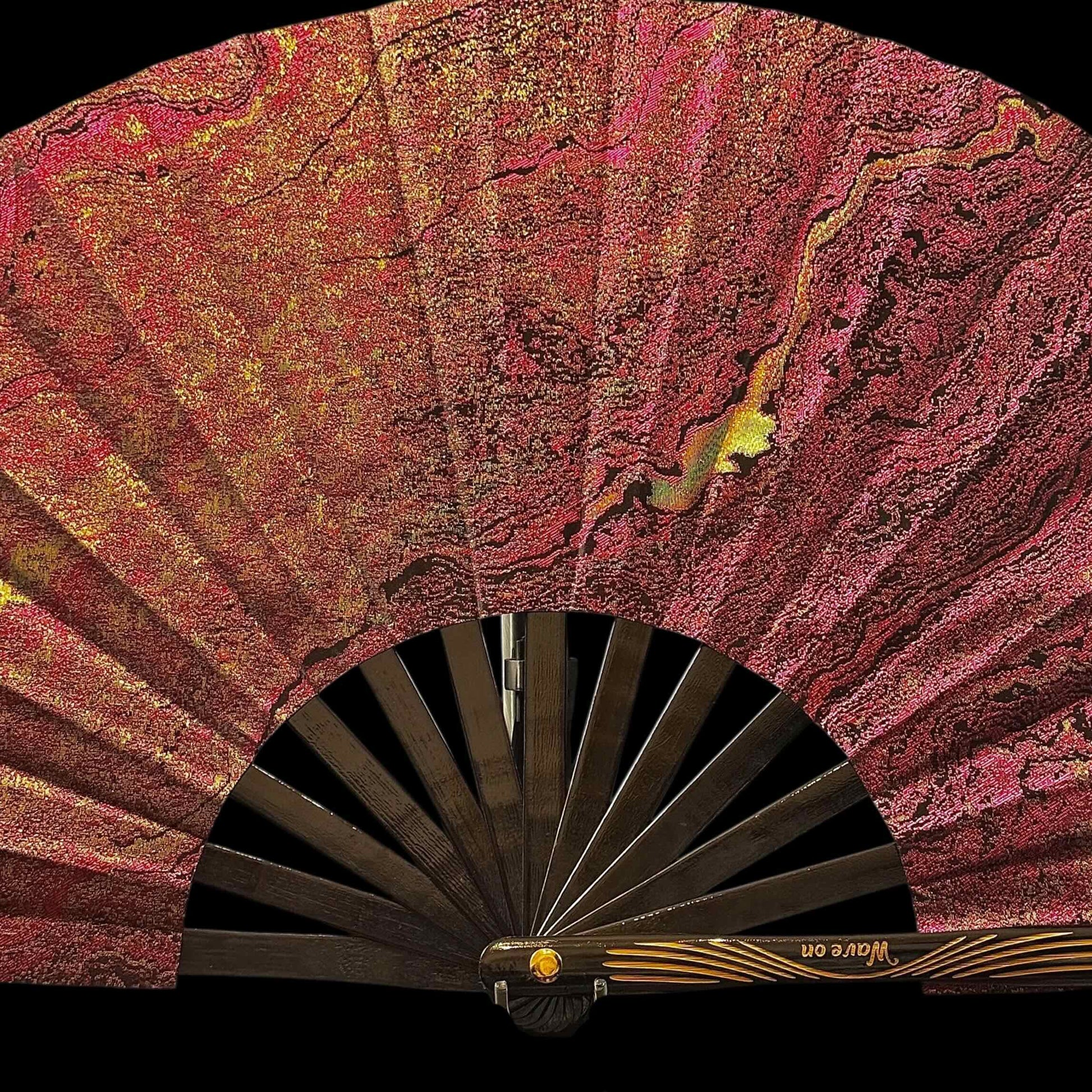 Großer handgefertigter Bambus Rave Fächer mit Holster - Magenta gold - Fanmans Fanshop