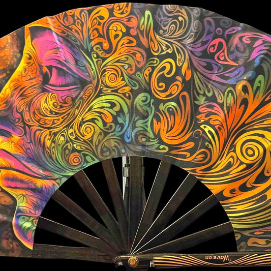 Small 28cm UV reactive bamboo rave fan - Colorful Mind