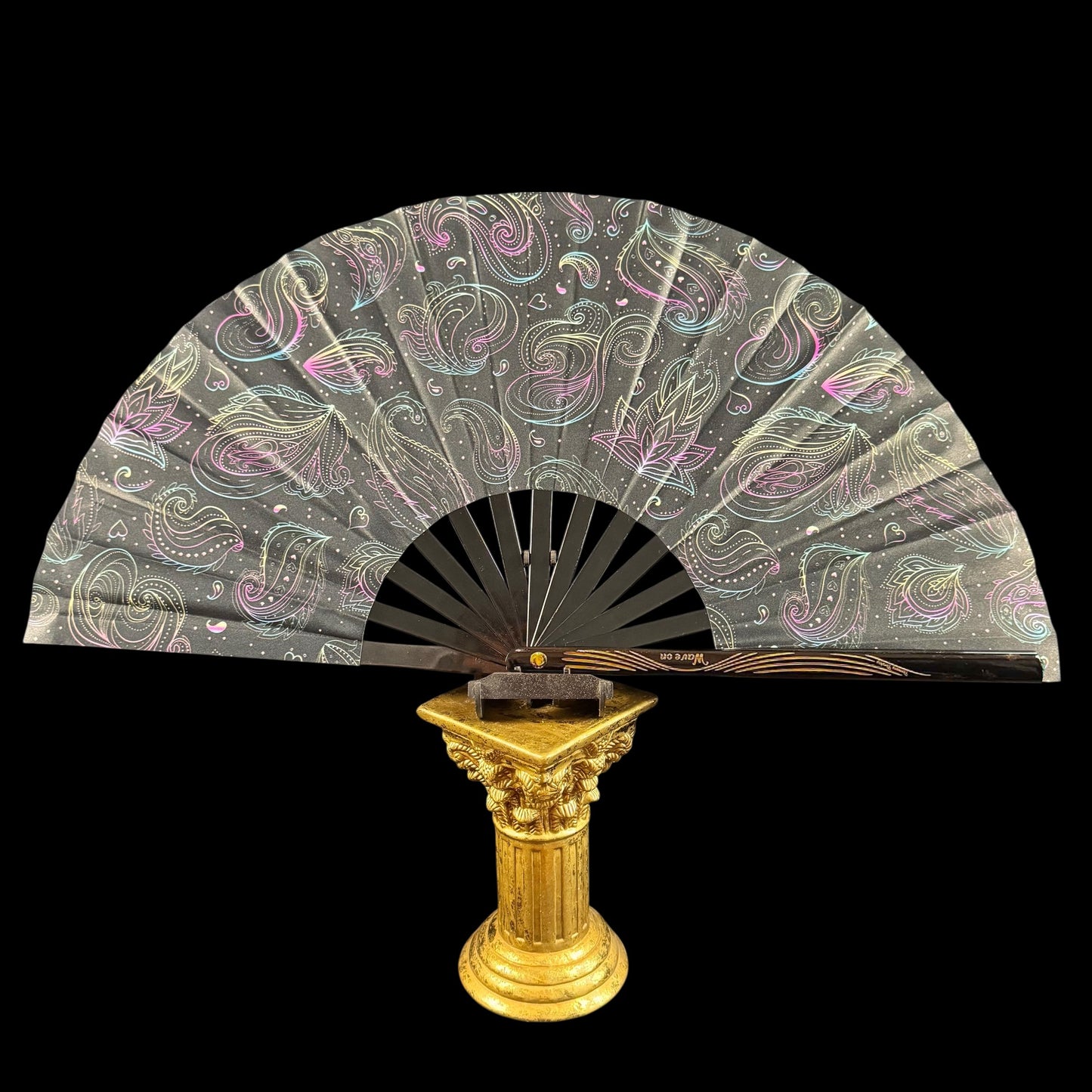 Large 35cm bamboo rave fan with holster - Subtle Paisley