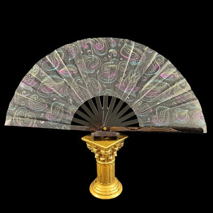 Large 35cm bamboo rave fan with holster - Subtle Paisley
