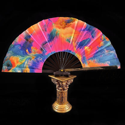 Large 35cm bamboo rave fan (UV reactive) with holster - Watercolors