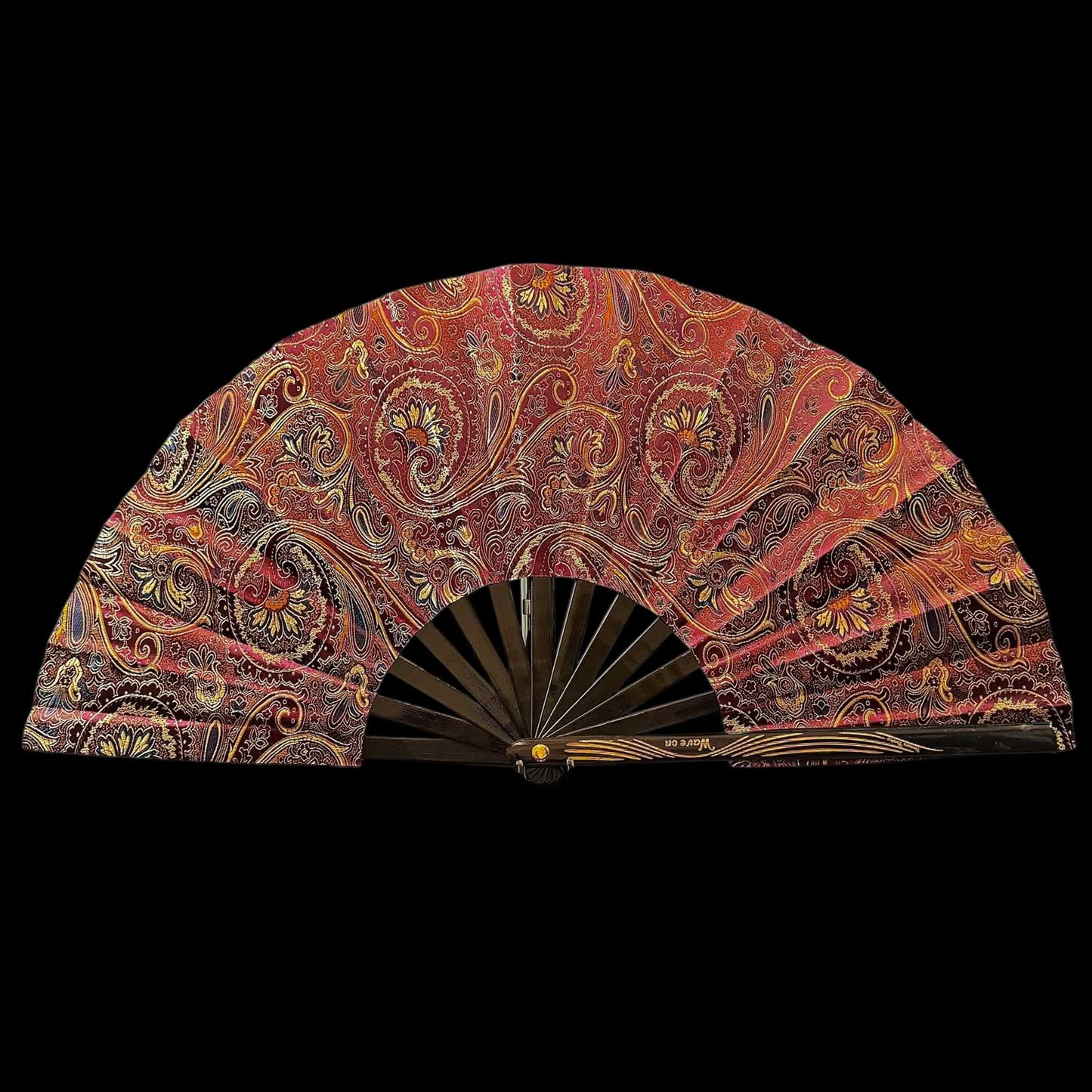 Handmade large 35cm bamboo rave fan with holster - Red Paisley brocade