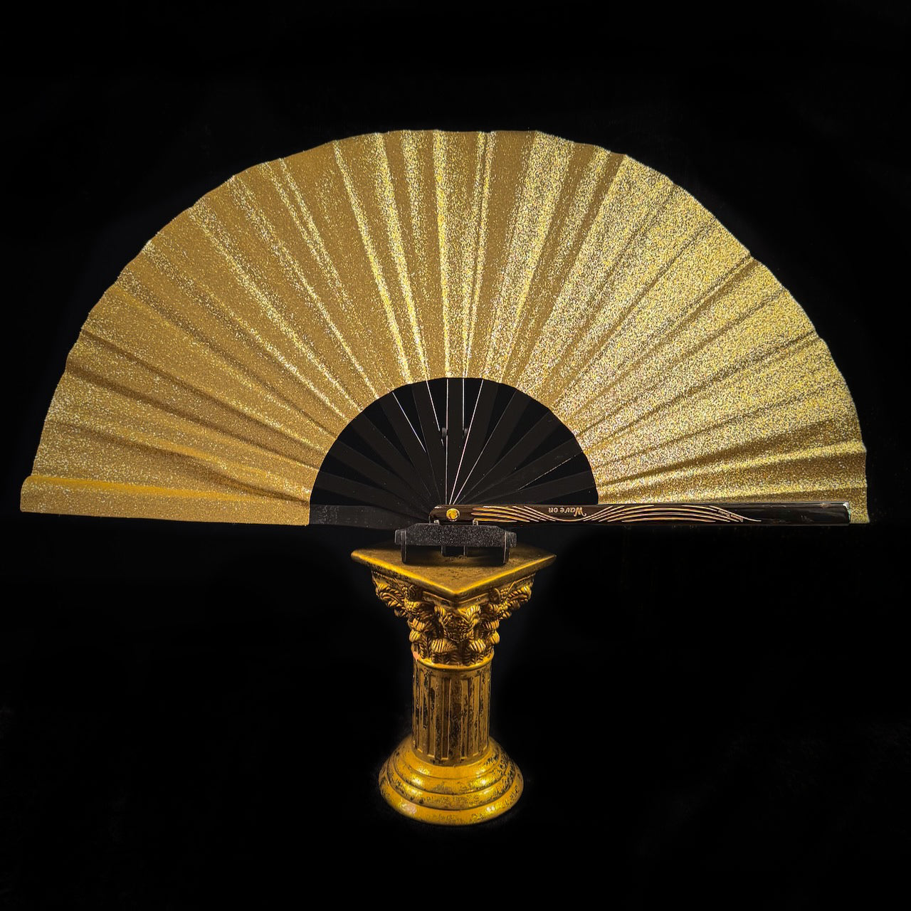 Large bamboo rave fan with holster - Gold glitter
