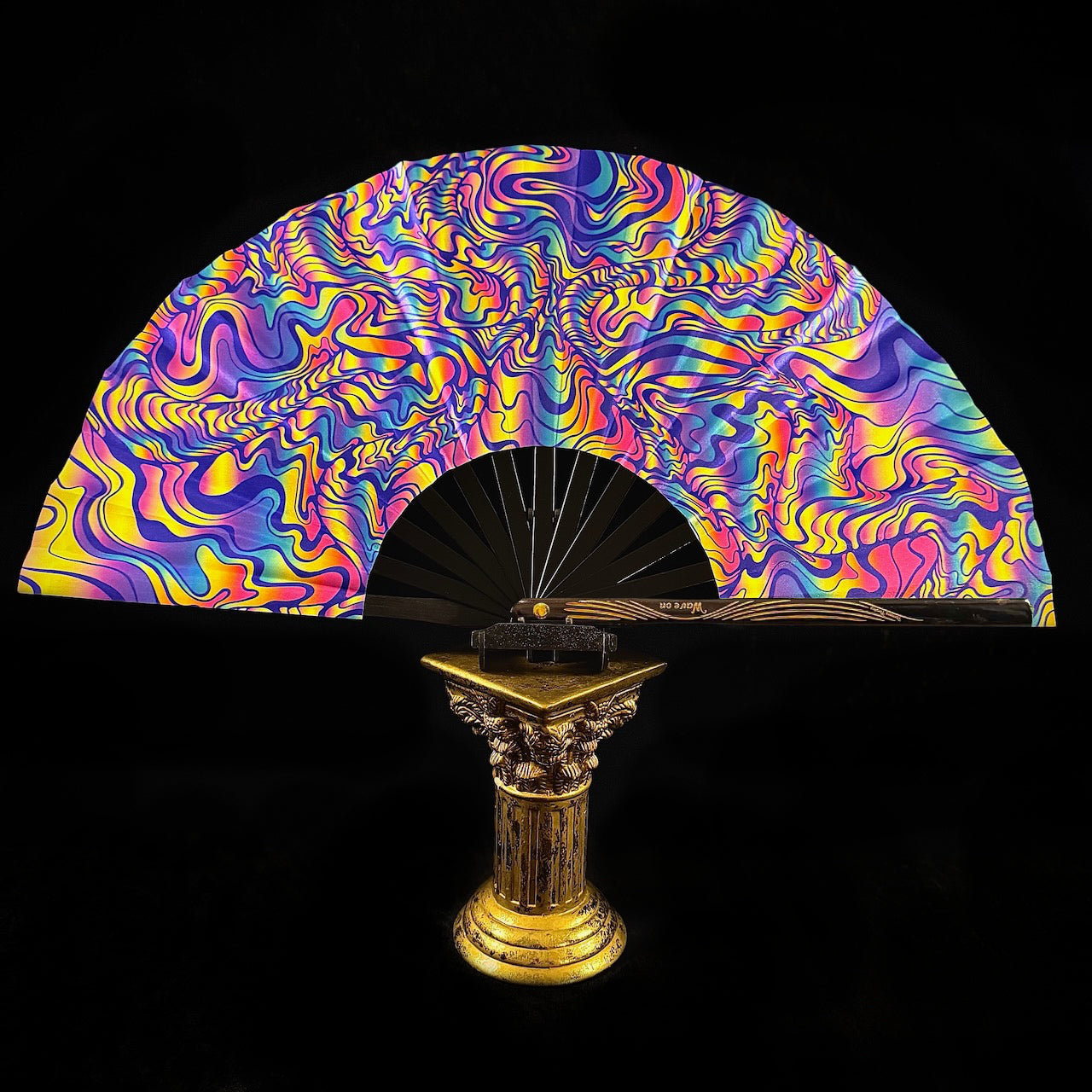 Large 35cm bamboo rave fan with holster - Bright psychedelic